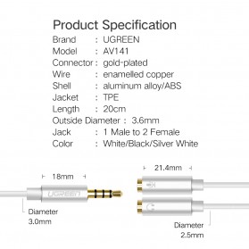 UGREEN Kabel Audio Splitter Jack 3.5mm 2 Port Earphone & Microphone - 30619 - Gray - 10