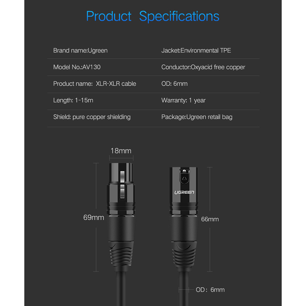 Gambar produk UGREEN Kabel XLR Karaoke Microphone 3 Meter - 20711