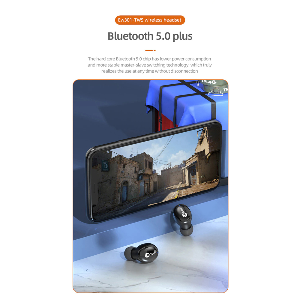 Lenovo Lecoo Earphone TWS Bluetooth 5.0 Smart Touch with Charging Base - EW301 - Black - JakartaNotebook.com