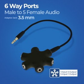 ALLOYSEED 6 Way Ports Male to 5 Female Audio Earphone 3.5mm Jack Splitter Adaptor - JLT108 - Black