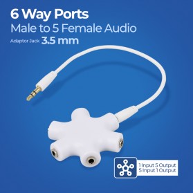ALLOYSEED 6 Way Ports Male to 5 Female Audio Earphone 3.5mm Jack Splitter Adaptor - JLT108 - White