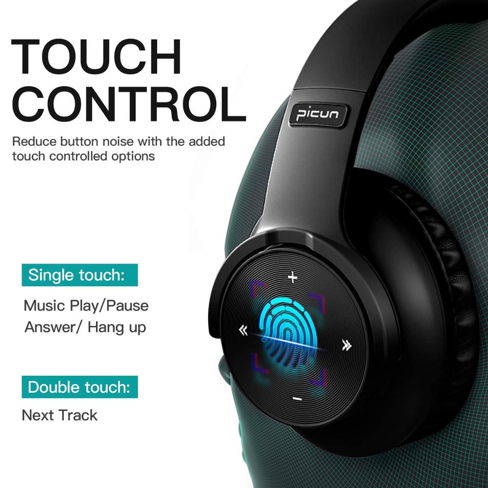 PICUN Wireless Bluetooth Headphone Touch Control with Mic - B8 - Black