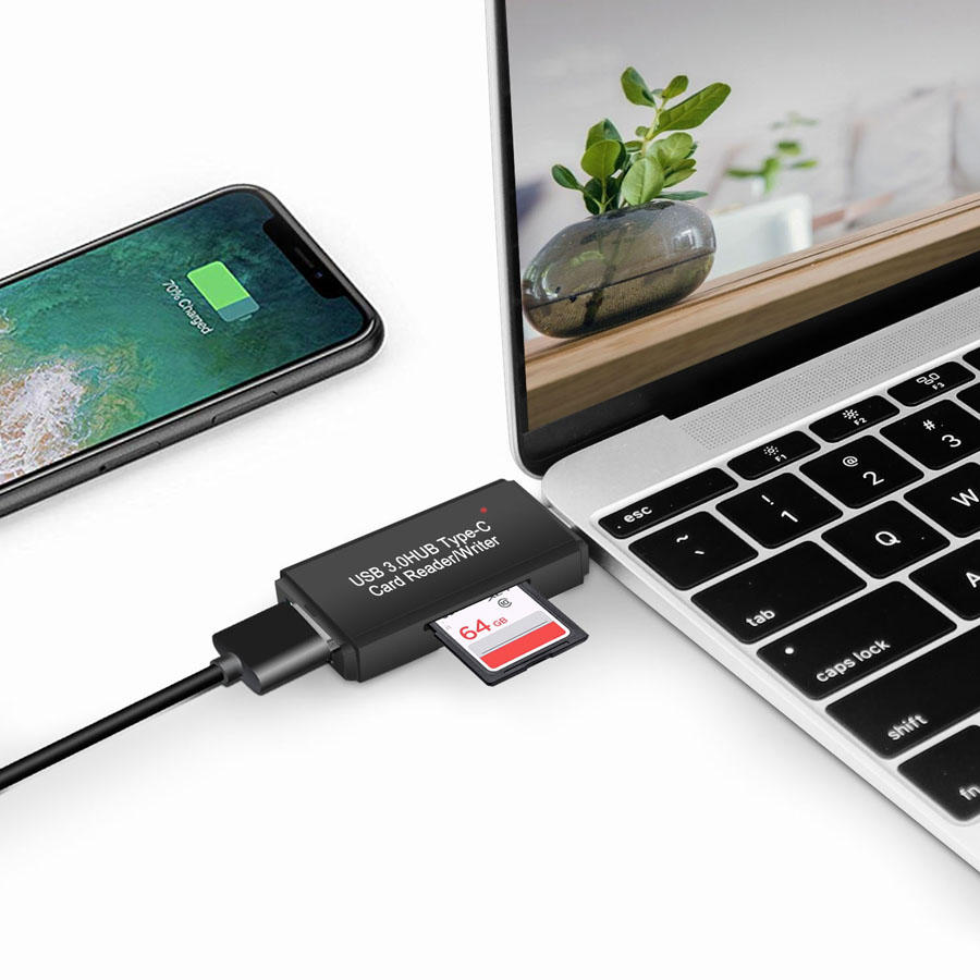 Card Reader USB Type C 3 in 1 USB 3.0 Hub Micro SD / SD Card YC432 Black
