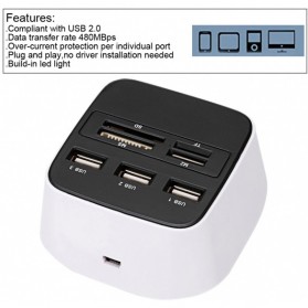 Desktop Multi Card Reader + 3 USB HUB 2.0 Splitter - Black White - 3