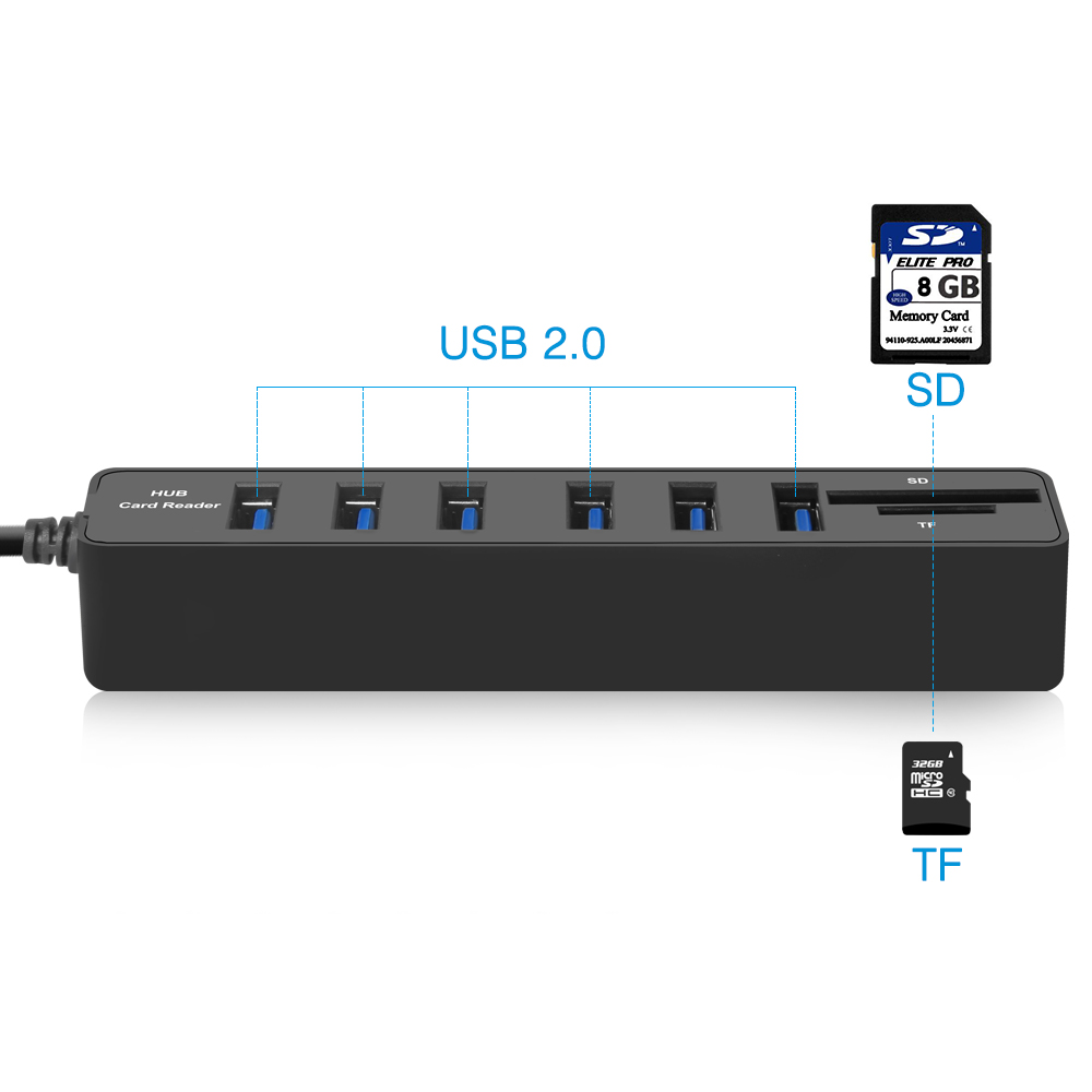 Color : Black JIN 2 in 1 USB 2.0 TF/SD Card Reader & 3-Port HUB Black Cable Length: 80cm 