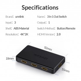 Unnlink 3 in 1 HDMI Switcher 2.0 4K 3 Port with Remote Control - 0011 - Black - 6