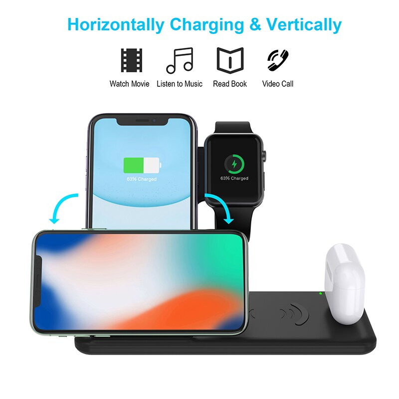 DCAE Fast Wireless Charger Dock 4 in 1 Smartphone Airpods Apple Watch - Q20  - Black - JakartaNotebook.com