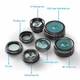 APEXEL 7 in 1 Lensa Fisheye + Macro 15x + Wide Angle + Telephoto + CPL+ Kaleidoscope Lens Kit - APL-DG7 - Black - 2