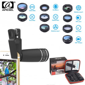 Lensa Fisheye, Lensa Wide, Lensa Macro - APEXEL 10 in 1 Lensa Smartphone Fisheye Macro Wide Telephoto Filter - APL-10XDG9 - Black
