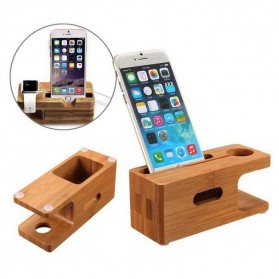 Creative Bamboo Smartphone Stand Holder & Apple Watch Dock - Brown - 1