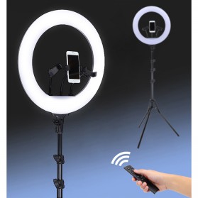 TaffSTUDIO Lampu Halo Ring Light LED Kamera 18 Inch with 3xSmartphone Holder + Remote Control - JY-460 - White
