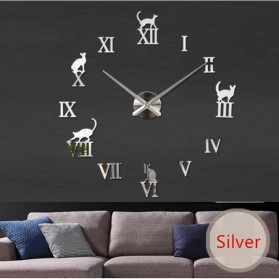 Jam Dinding Besar DIY Giant Wall Clock Quartz Creative Design Model Kucing Lucu - JM-12 - Silver