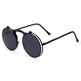 AOFLY Kacamata Hitam Round Vintage Steampunk Sunglasses - Black/Black