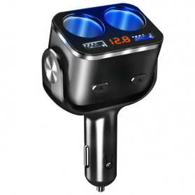 Accnic Car Charger 2 USB Port QC3 + 2 Cigarette Plug LCD Display - Y34Q - Black