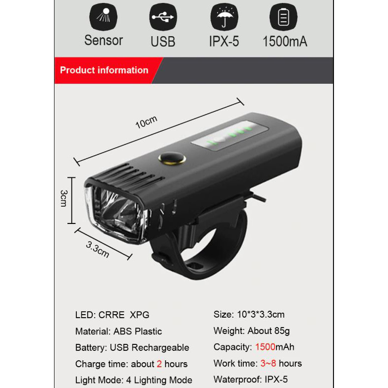  Newboler  Lampu  Sepeda  LED USB Rechargeable 350 Lumens 