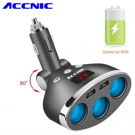 USB Charger, Car Charger, Charging Dock - Accnic Car Charger 2 USB Port + 3 Cigarette Plug 3.4A LCD Display - T3 - Black