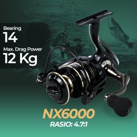 TaffSPORT NX6000 Series Metal Reel Pancing Spinning Fishing Reel 4.7:1 Gear Ratio - Black