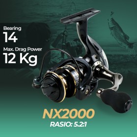 TaffSPORT Metal Reel Pancing Spinning Fishing Reel 5.2:1 - NX2000 - Black
