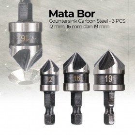 Taffware Mata Bor Drill Bit Countersink Carbon Steel 12 16 19mm 3 PCS - Silver