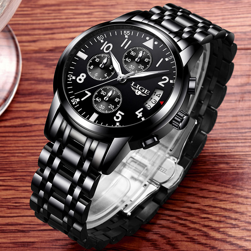 LIGE Jam Tangan Kasual Pria Stainless Steel - 9825 - Black