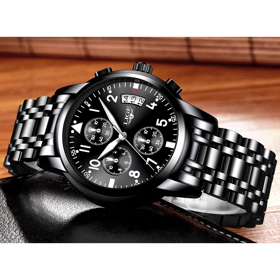 LIGE Jam Tangan Kasual Pria Stainless Steel - 9825 - Black