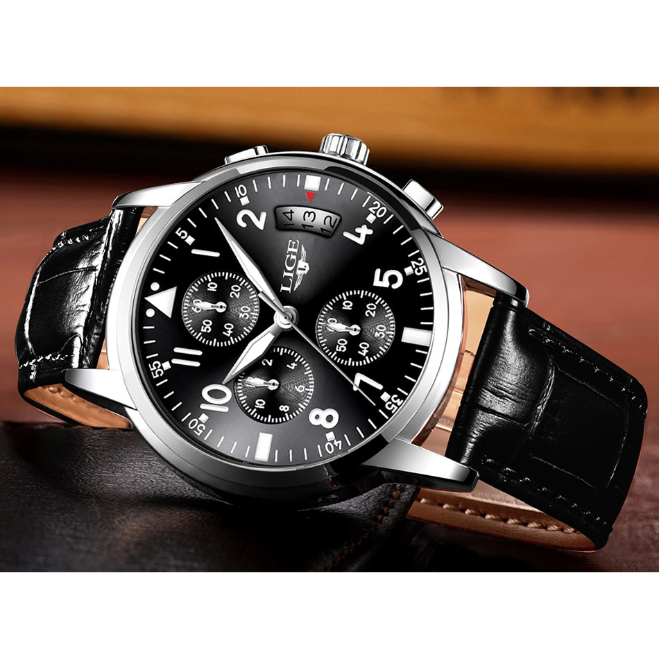 LIGE Jam Tangan Kasual Pria PU Leather - 9825B - Black