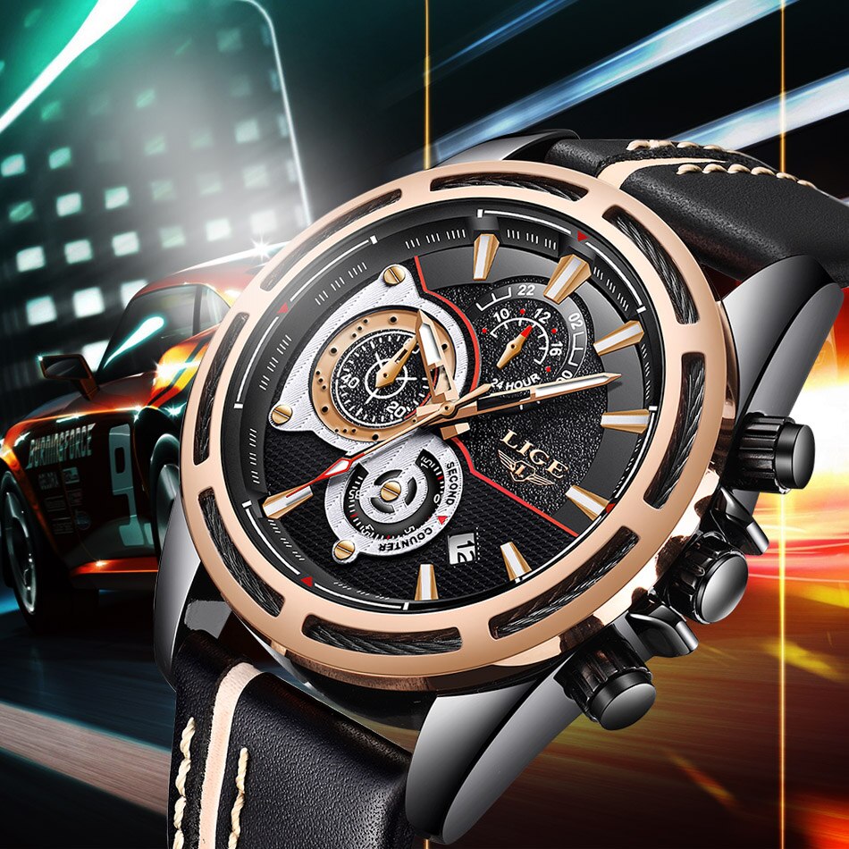 LIGE Jam Tangan Chronograph Pria Strap Kulit - 9881 - Rose Gold/Black