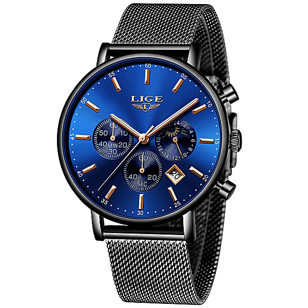 LIGE Jam Tangan Chronograph Pria Strap Stainless Steel - 9894 - Black