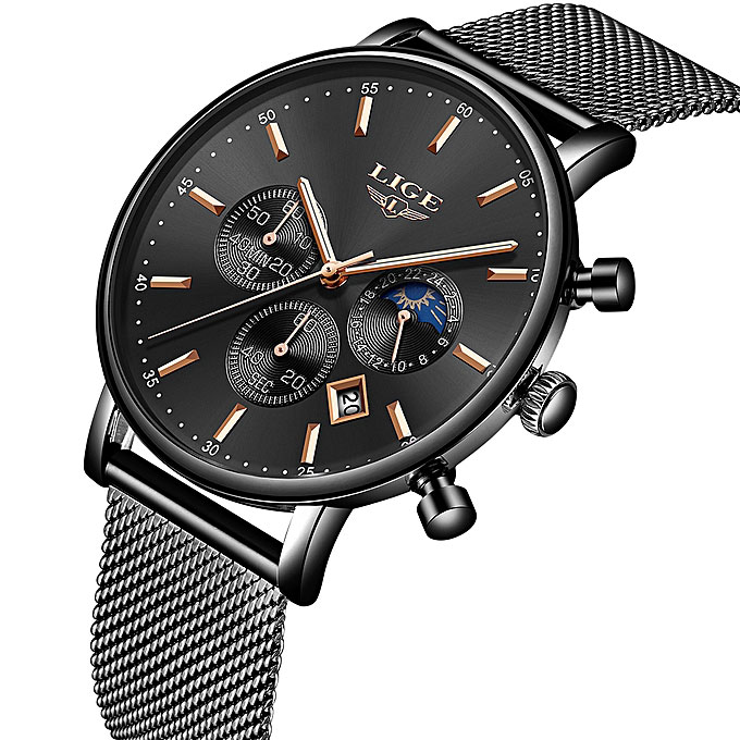LIGE Jam Tangan Chronograph Pria Strap Stainless Steel 9894 Black