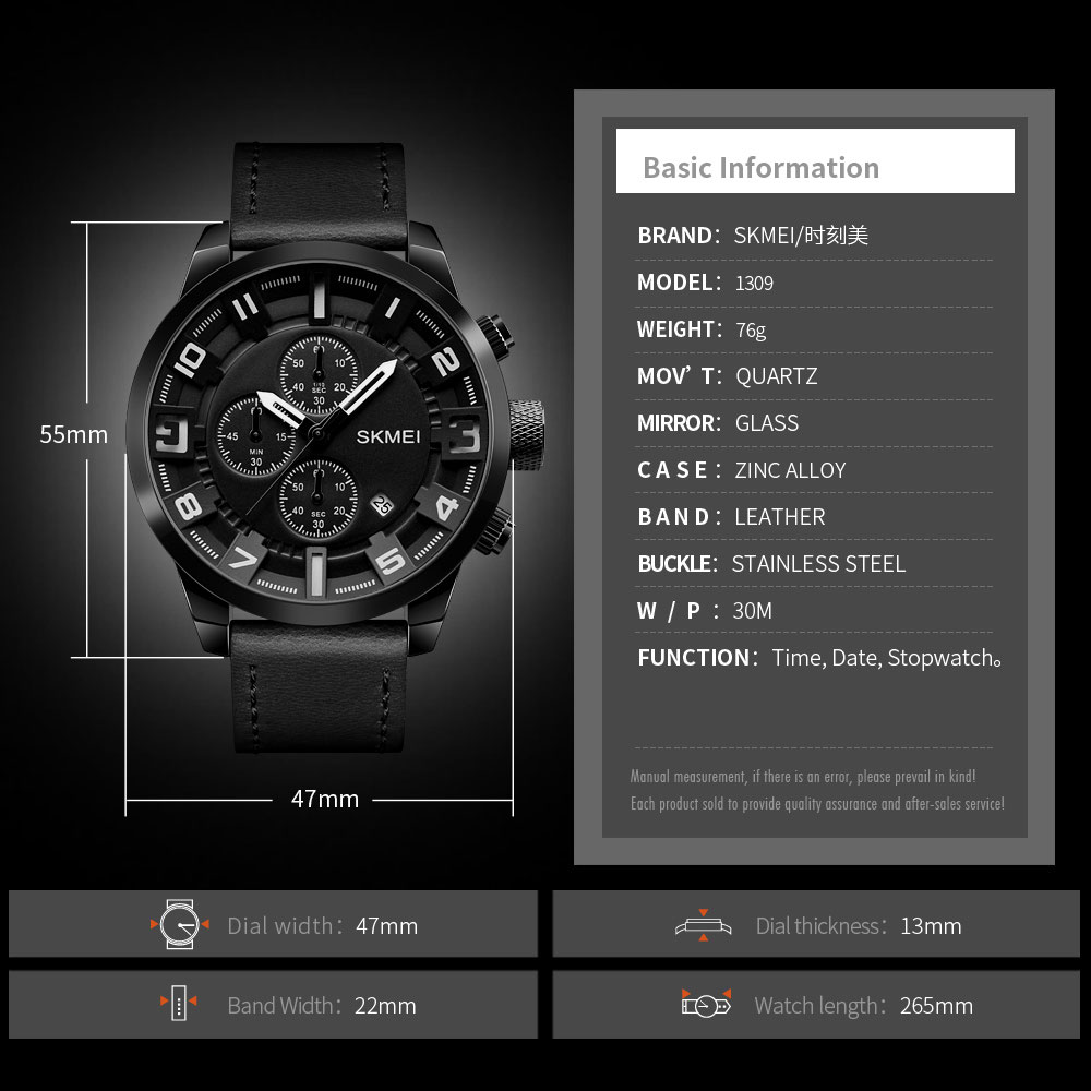 SKMEI jam  Tangan  Analog  Chrono Pria 1309 Black 