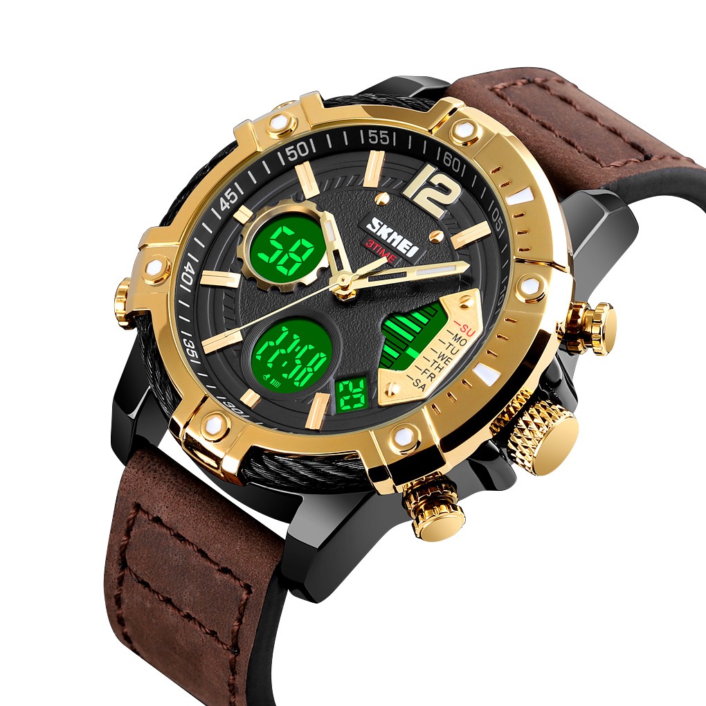 SKMEI Jam Tangan Digital Analog Pria Strap Kulit 1618 Black