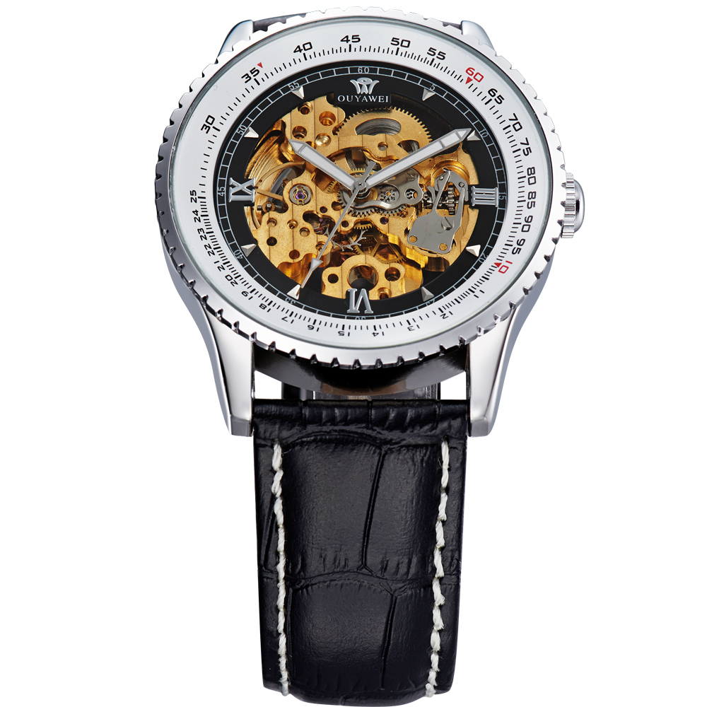 Ouyawei Skeleton Leather Strap Automatic Mechanical Watch 