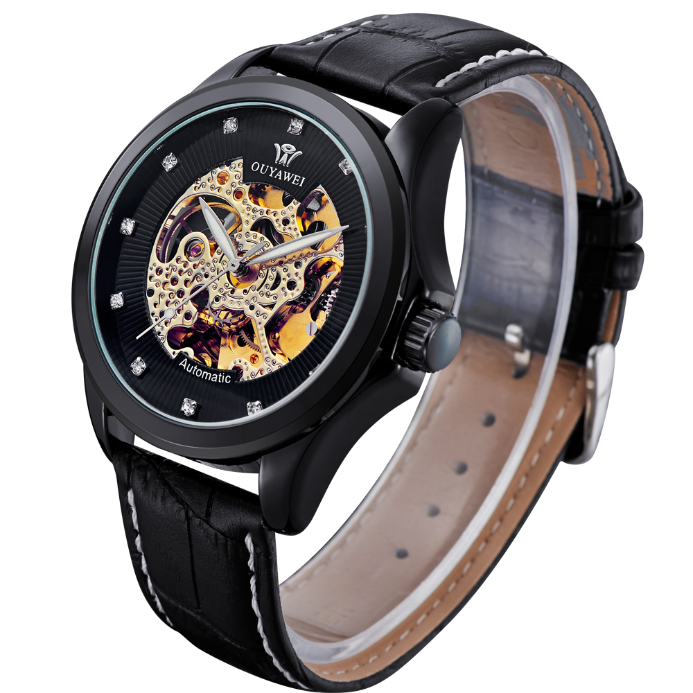 Ouyawei Skeleton Leather Strap Automatic Mechanical Watch 
