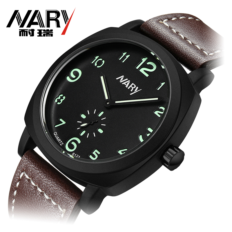 Nary Jam Tangan Analog Strap Kulit - 6119 - Black/Green 