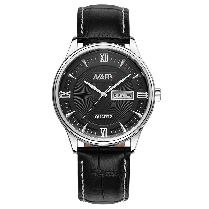 Nary Jam  Tangan  Analog  Strap Kulit 5400 Black Silver 