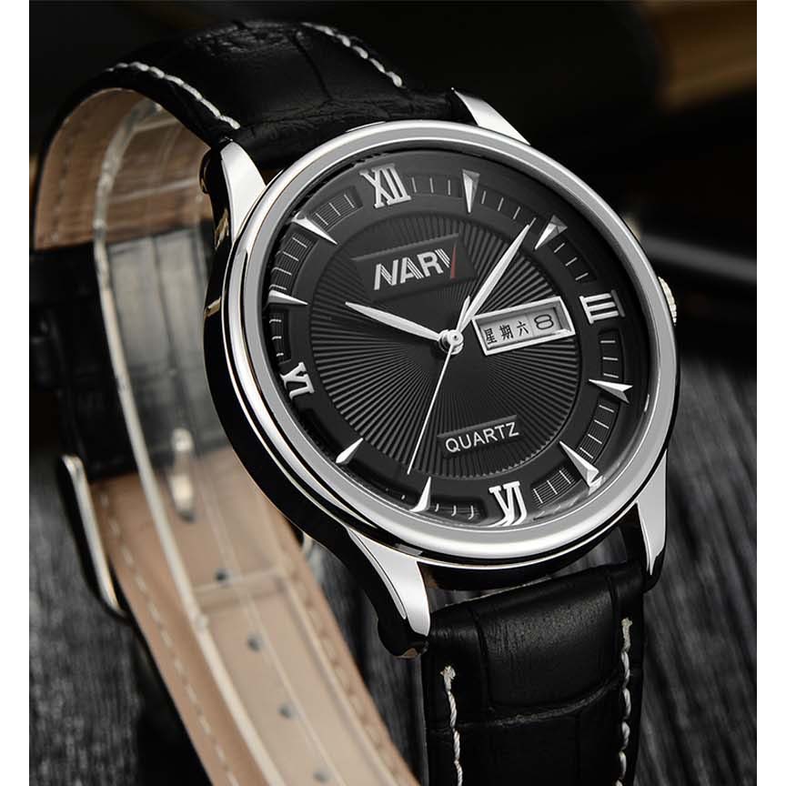 Nary Jam Tangan Analog Strap Kulit - 5400 - Black/Silver 