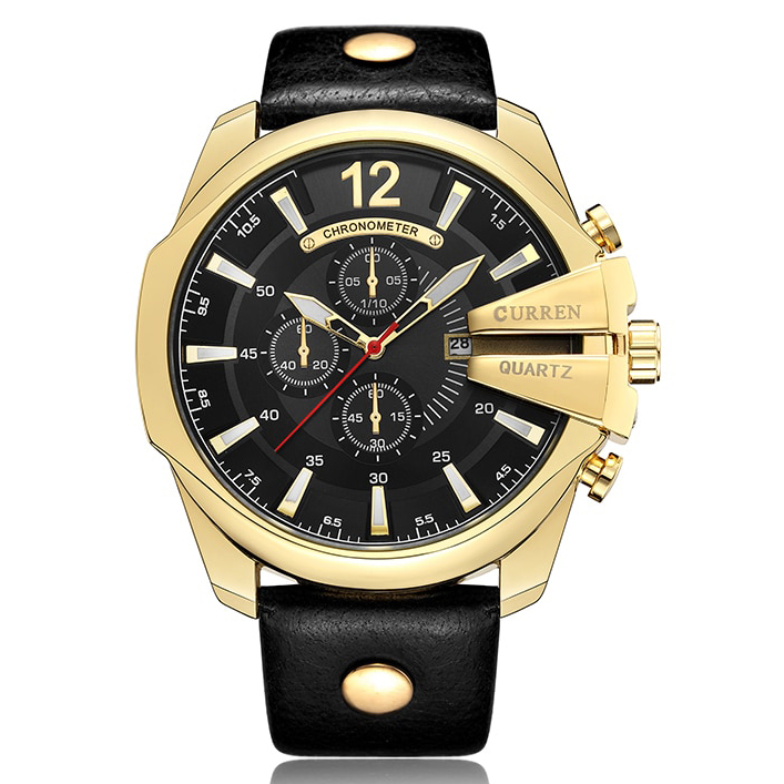 Curren Jam Tangan Analog Pria Strap Kulit - 8176 - Black Gold