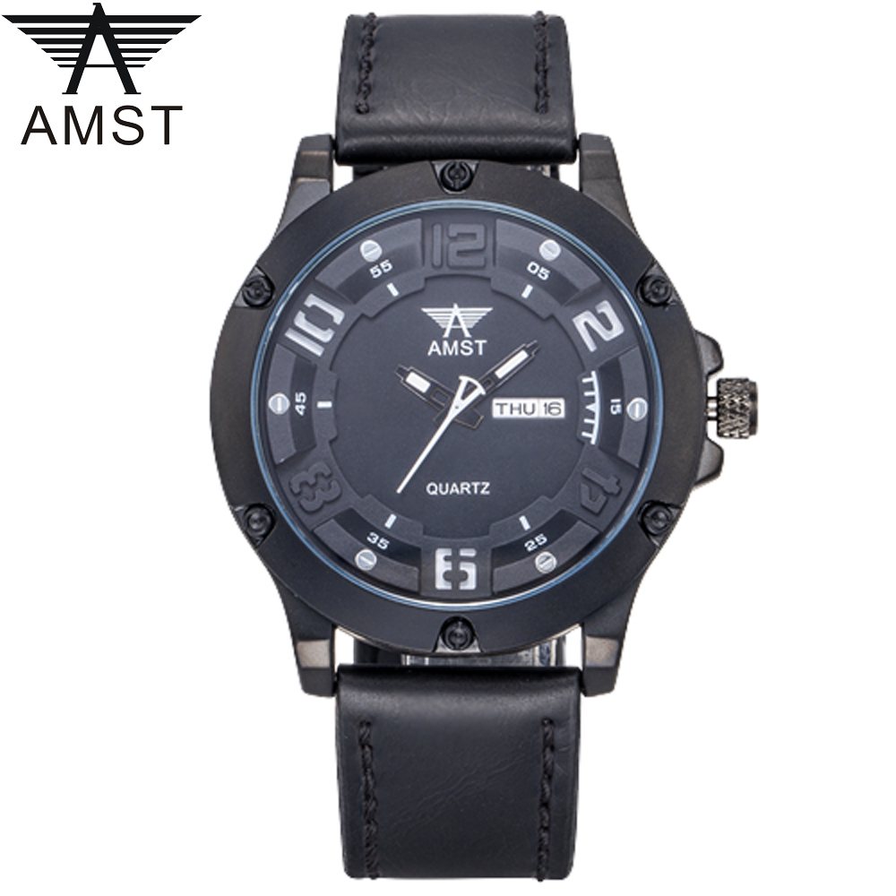 AMST Jam Tangan Analog Kulit Pria - AM3024 - Black/Black
