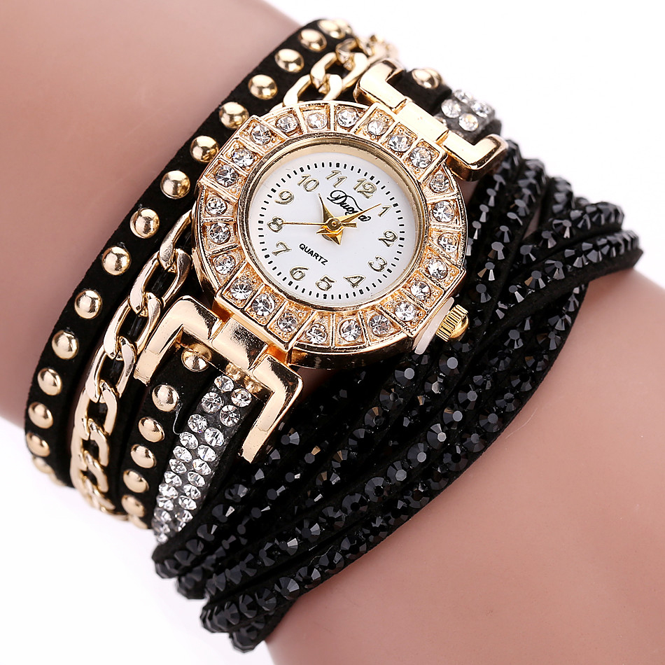 Jam Tangan Wanita Model Gelang Rhinestone DY001 Black 