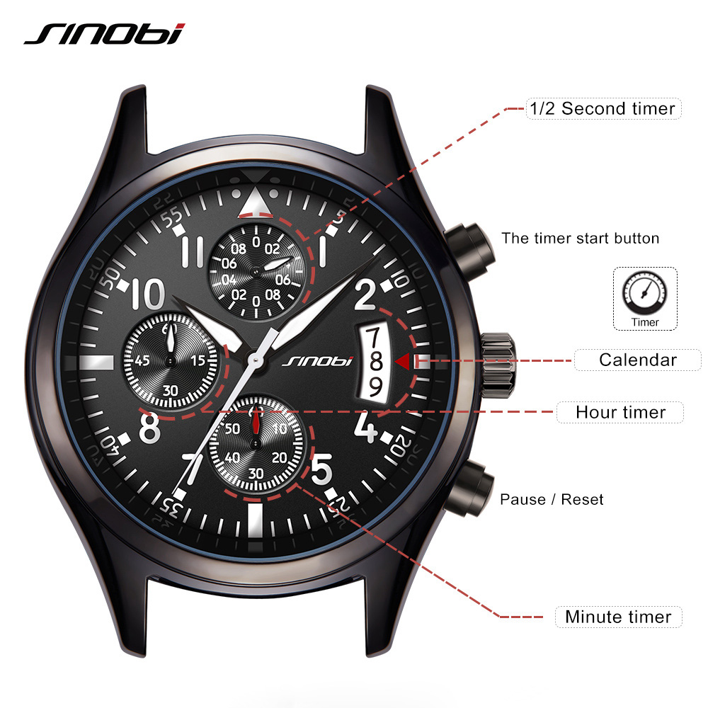 SINOBI Jam Tangan Pilot Chrono Pria 9639 Black SINOBI Jam Tangan Pilot Chrono Pria 9639 Black