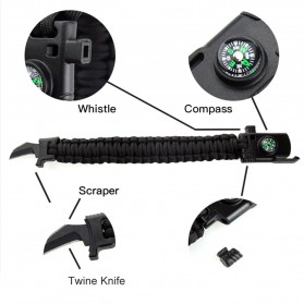 Gelang Kompas Peluit Pisau Multifungsi Survival Tools EDC Parachute Cord Bracelet - B002-6 - Black