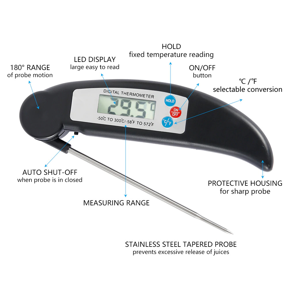 Anpro Digital Food Thermometer Meat BBQ Foldable Probe HY2701 Black