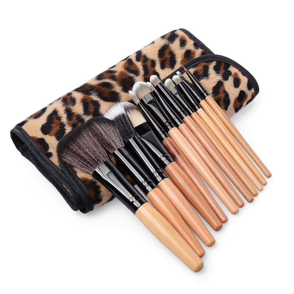 Brush Make Up Kosmetik 12 Set Dengan Sarung Leopard Brown
