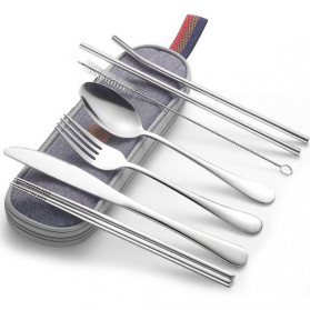 KNIFEZER Set Alat Makan Sendok Garpu Pisau Sumpit Sedotan Besi Japanese Style - EA02300 - Silver
