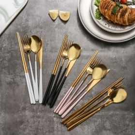 ROXY Cutlery Set Perlengkapan Makan Sendok Garpu Pisau Sumpit - C70 - Black Gold - 4
