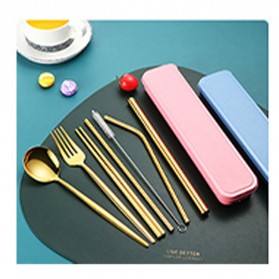 OURCIQ Set Perlengkapan Makan Sendok Garpu Sumpit Sedotan Cutlery Dinner Set + Box - 5123 - Golden
