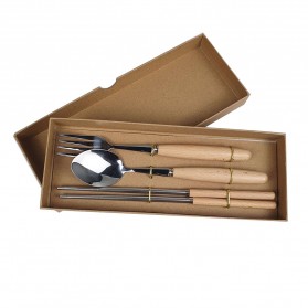 BearPaw Set Perlengkapan Makan Sendok Garpu Sumpit Wooden Handle - KA2020 - Silver
