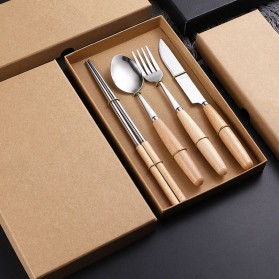 BearPaw Set Perlengkapan Makan Sendok Garpu Pisau Sumpit Wooden Handle - KA2020 - Silver