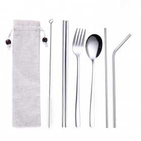 Sendok & Garpu - Tofok Cutlery Set Perlengkapan Makan Sendok Garpu Beige Cloth Bag 6PCS - T1 - Silver