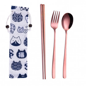 Sendok & Garpu - Tofok Cutlery Set Perlengkapan Makan Sendok Garpu Kitty Cloth Bag 3PCS - T19 - Rose Gold